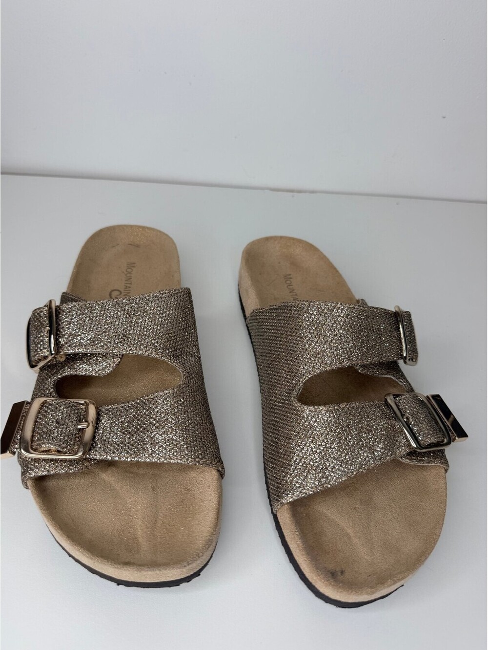 Mountain Sole gold glitter double buckle slide sandals